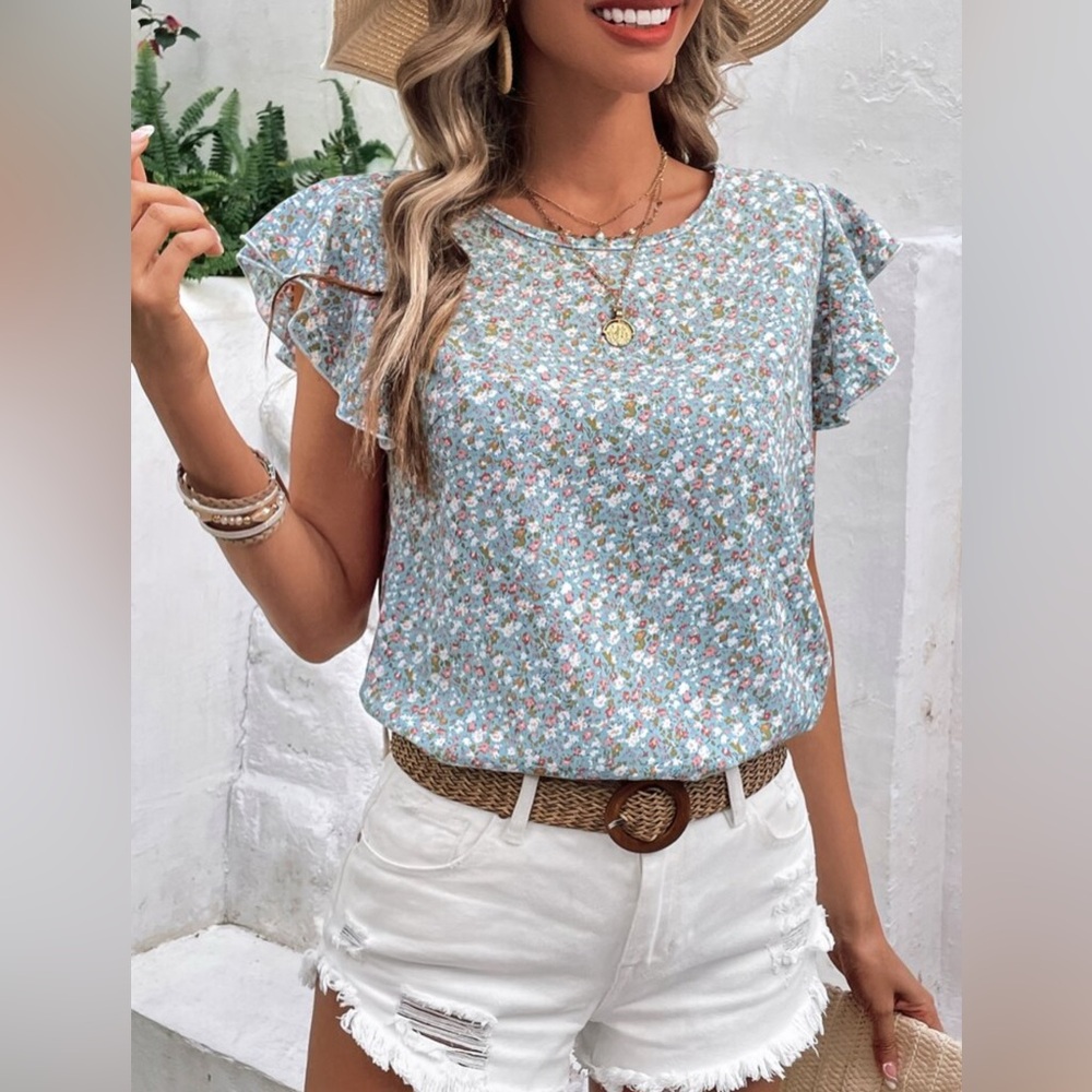 SHEIN Blue Floral Ruffle Blouse